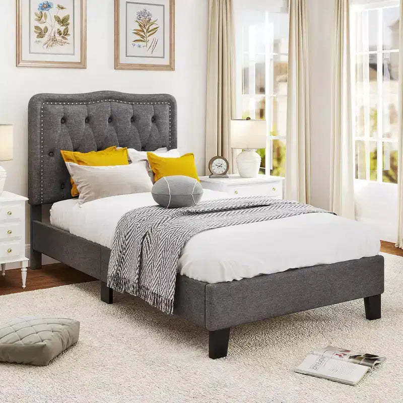 Costway Twin Size Bed Frame with 46 Tall Button Tufted Headboard Wooden Slats Support