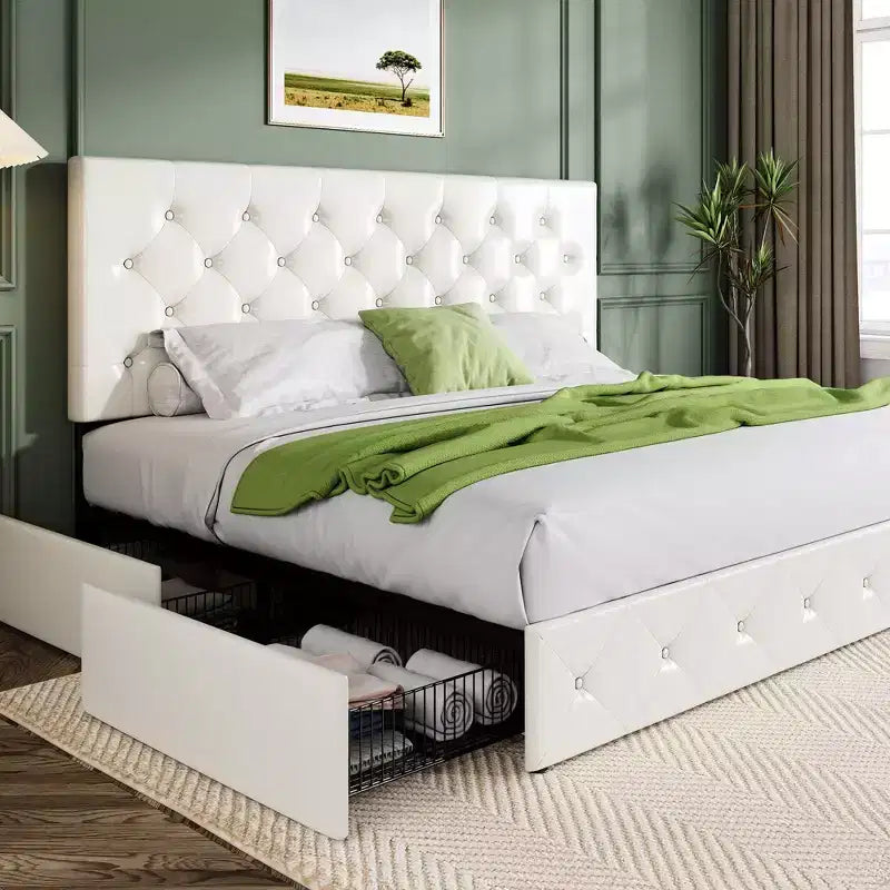 Allewie Upholstered Platform Bed Frame with 4 Storage Drawers, Diamond Stitched Headboard, Wooden Slats, No Box Spring Needed