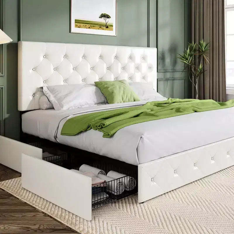 Allewie Upholstered Platform Bed Frame with 4 Storage Drawers, Diamond Stitched Headboard, Wooden Slats, No Box Spring Needed