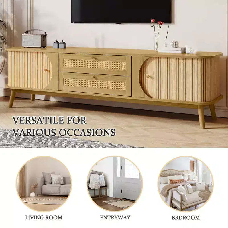 Rattan TV Stand for TVs up to 75'', Entertainment Center with Cabinet & Drawers, Media TV Console Table with Solid Wood Legs for Living Room Bedroom