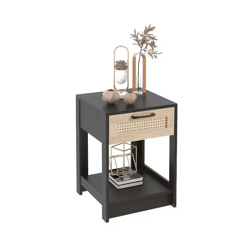 Natural Rattan Nightstand, Bed Side Table with Drawer, Wooden End Table, Rattan Chest of Drawer with Retro Handle for Living Room, Bedroom