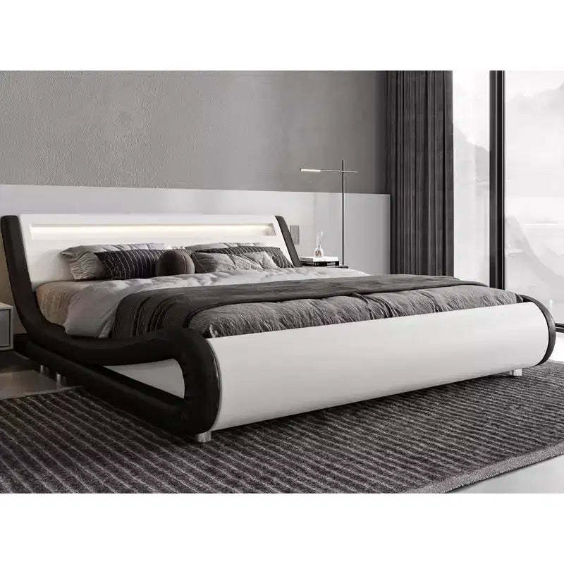 Allewie LED Platform Bed Frame with Adjustable Headboard/No Box Spring Need/Easy Assembly/Faux Leather in White and Black