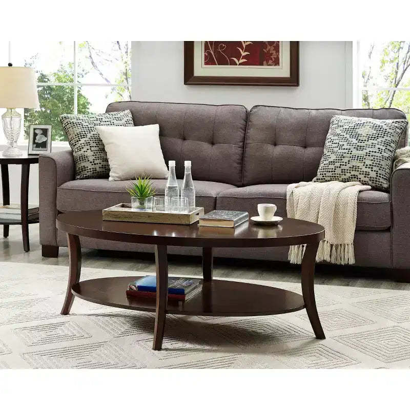 Roundhill Furniture Perth Contemporary Oval Coffee Table with Shelf, Espresso