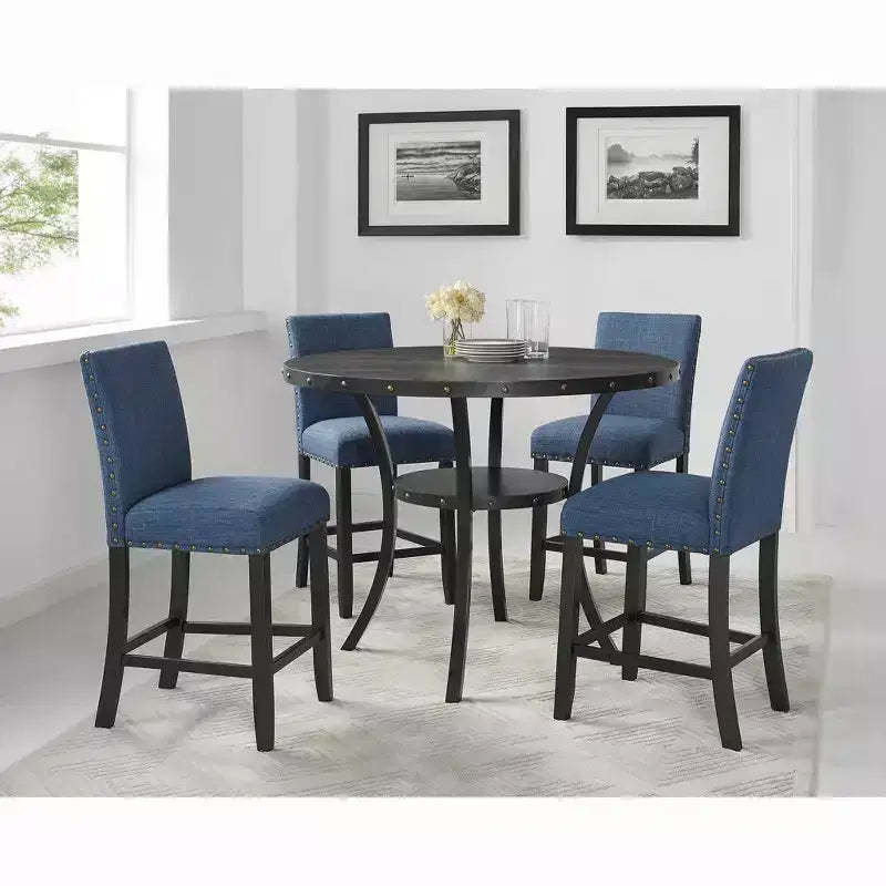 Roundhill Furniture Biony Espresso Wood Counter Height Dining Set with Blue Fabric Nailhead Stools