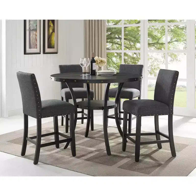Biony Espresso Wood Counter Height Dining Set with Grey Fabric Nailhead Stools