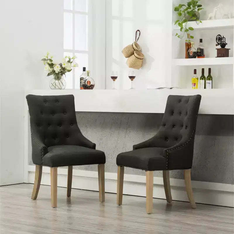 Roundhill Furniture Button Tufted Solid Wood Wingback Hostess Chairs with Nail Heads, Charcoal, Set of 2