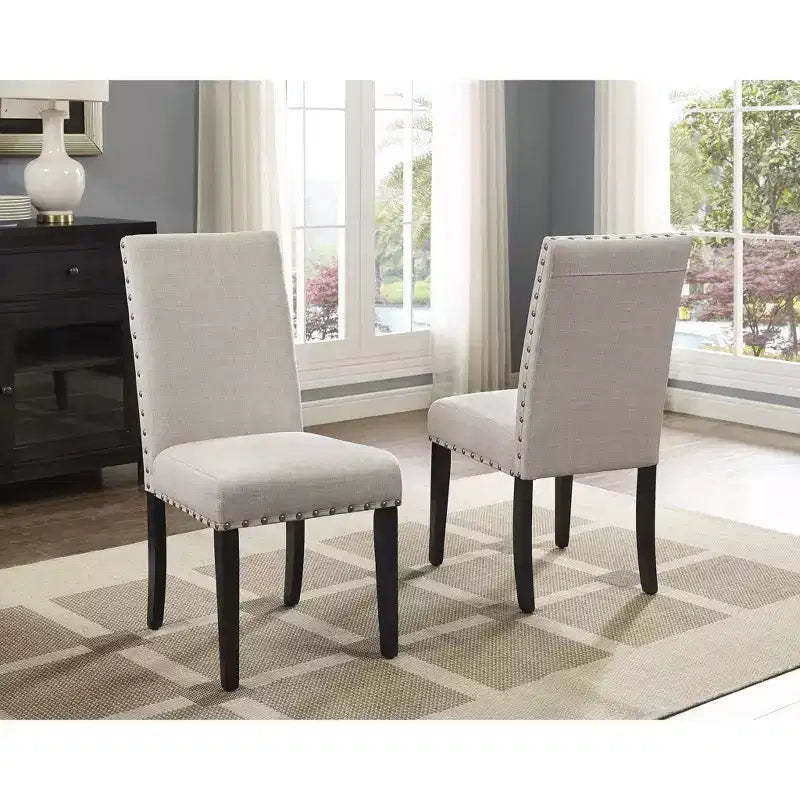 Roundhill Furniture Biony Fabric Dining Chairs with Nailhead Trim, Tan, Set of 2
