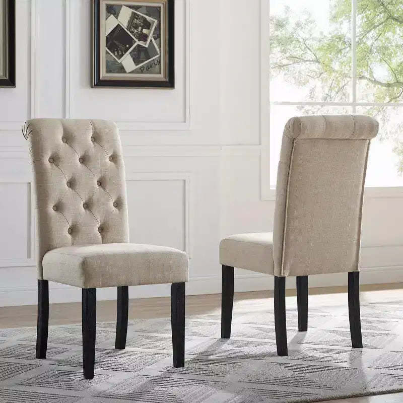 Roundhill Furniture Leviton Solid Wood Tufted Asons Dining Chair, Tan, Set of 2