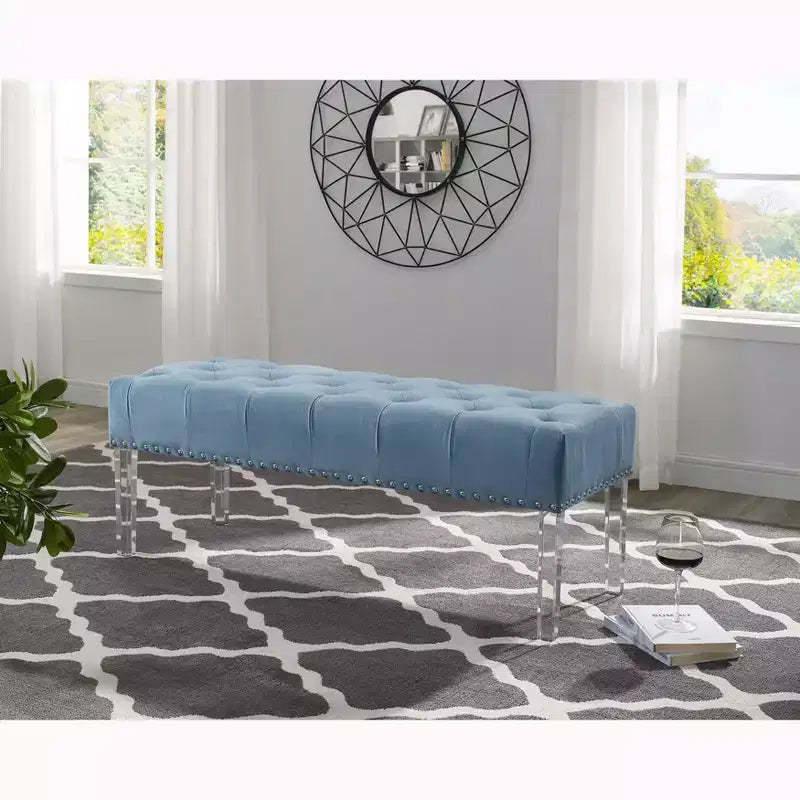 Roundhill Furniture Valley Button tufted Velvet Upholstered Bench With Acrylic Leg, Blue
