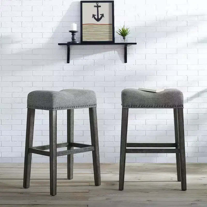 Roundhill Furniture CoCo Upholstered Backless Saddle Seat Bar Stools 29 height, Gray, Set of 2