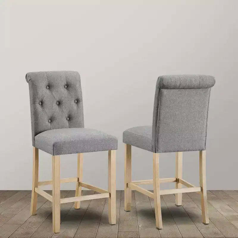 Roundhill Furniture Siena Counter Height Button Tufted Back Solid Wood Stools, Gray, Set of 2
