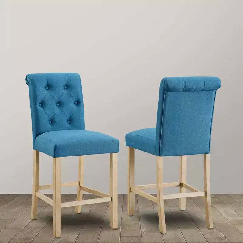 Roundhill Furniture Siena Counter Height Button Tufted Back Solid Wood Stools, Blue, Set of 2