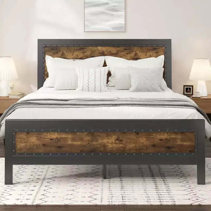 Allewie Heavy-Duty Platform Metal Bed Frame with Headboard, Unique Strip and Rivet Decoration