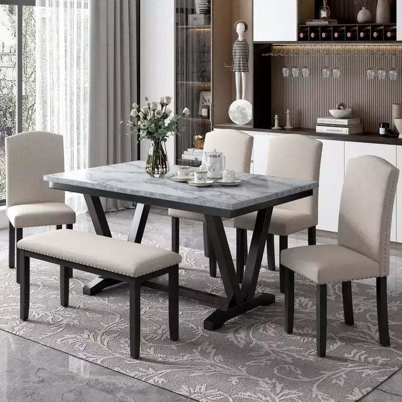 Whisen Modern Style 6-Piece Dining Table Set with 4 Chairs and 1 Bench and Teble with Marbled Veneers Tabletop - White