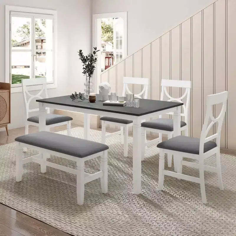 Whisen Farmhouse 6-Piece Wood Dining Table Set with Upholstered Bench and 4 Dining Chairs - Gray+White
