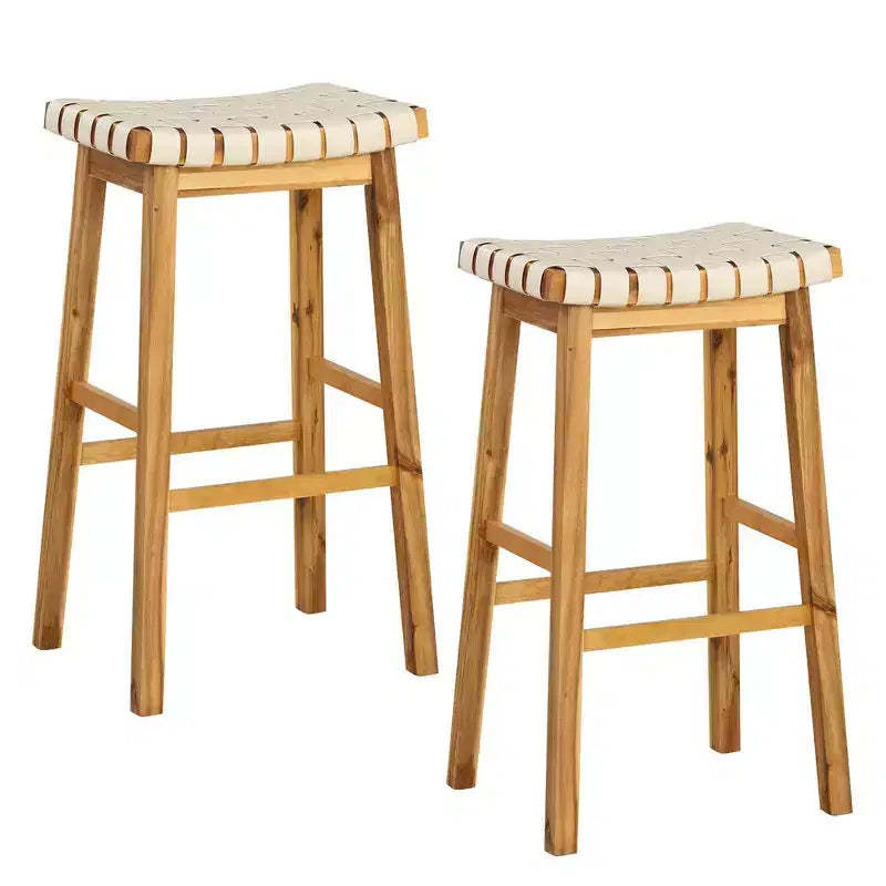 Costway Woven Saddle Stools Set of 2 31'' Faux PU Leather Bar Height Kitchen Stool Black/Beige