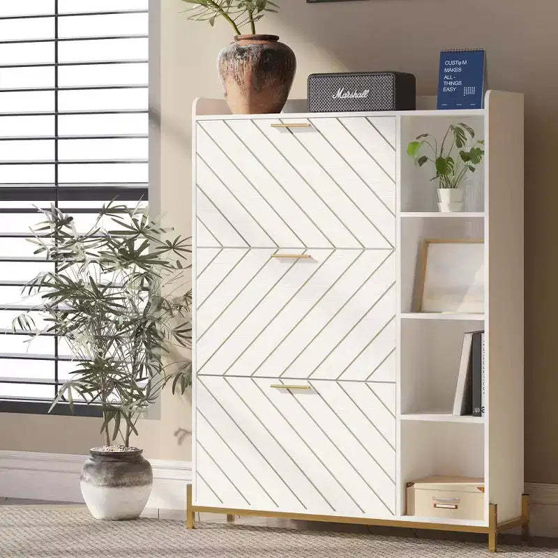 Freestanding Shoe Cabinet with 4 Flip Drawers & 2 Open Shelves, 8-Tier Narrow Hidden Shoe Rack for Heels, Wooden Shoes Rack for Entryway, Hallway