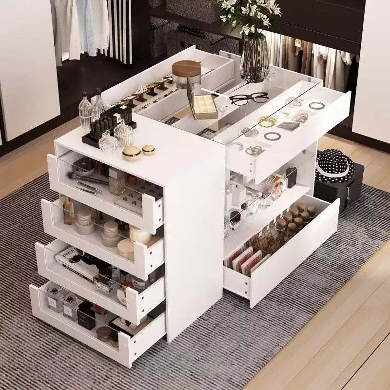 Famapy Glass-Top Closet Organizer White Dressing Island Ample Storage Dresser Display Storage Cabinet Closet Vanity Island Storage Beauty Organizer
