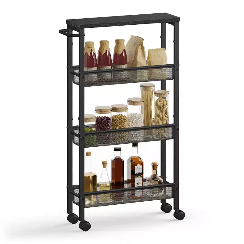 VASAGLE Slim Rolling Cart, 4-Tier Storage Cart, Narrow Cart with Handle, 5.1 Inches Deep, Metal Frame, for Kitchen, Dining Room, Living Room