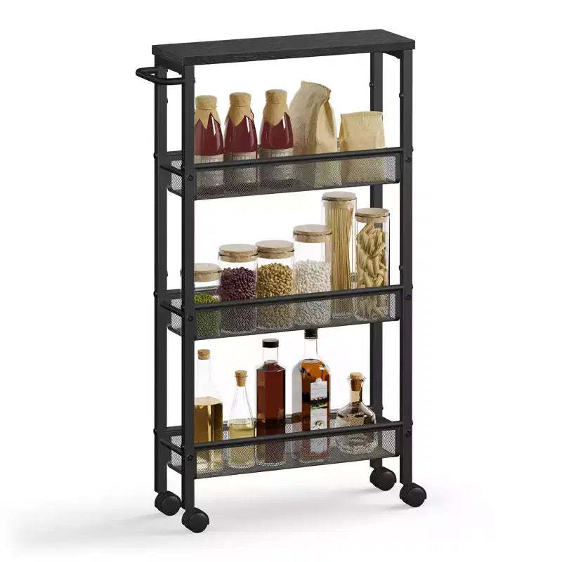 VASAGLE Slim Rolling Cart, 4-Tier Storage Cart, Narrow Cart with Handle, 5.1 Inches Deep, Metal Frame, for Kitchen, Dining Room, Living Room