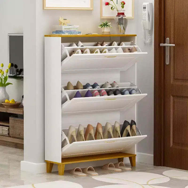 Famapy 35.4W White Shoe Storage Cabinet with Foldable Compartments and Drawer
