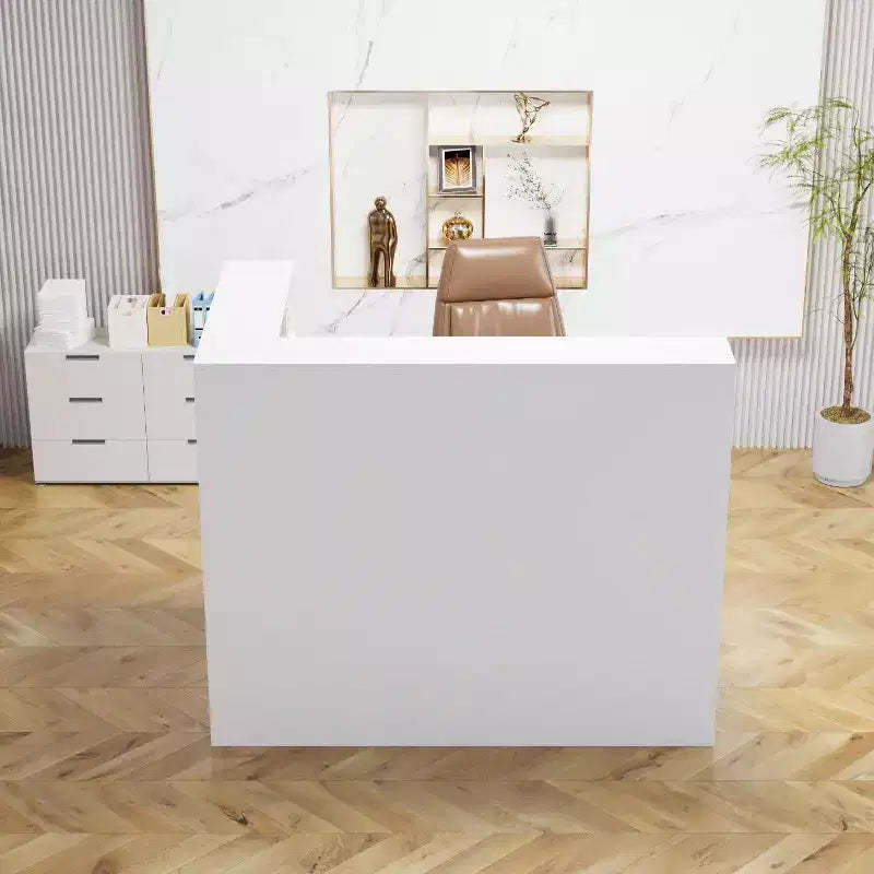 Famapy Modern L-Shaped Reception Desk with Removable Shelves Lockable Storage Welcome Desk Cable Management