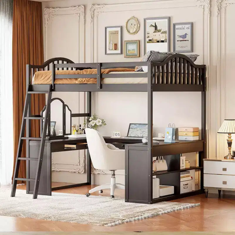 Full Size Wooden Loft Bed with U-Shaped Desk, Storage Compartments and Tri-fold Mirror - ModernLuxe