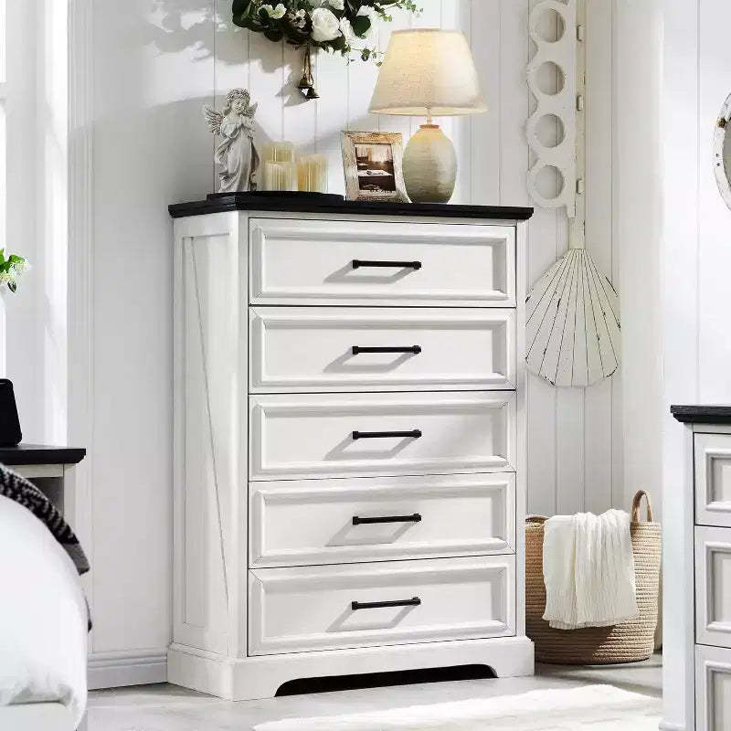 46 Farmhouse 5 Drawers Dresser for Bedroom, Tall Wood Chest of Drawers with Natural Texture for Bedroom, Living Room