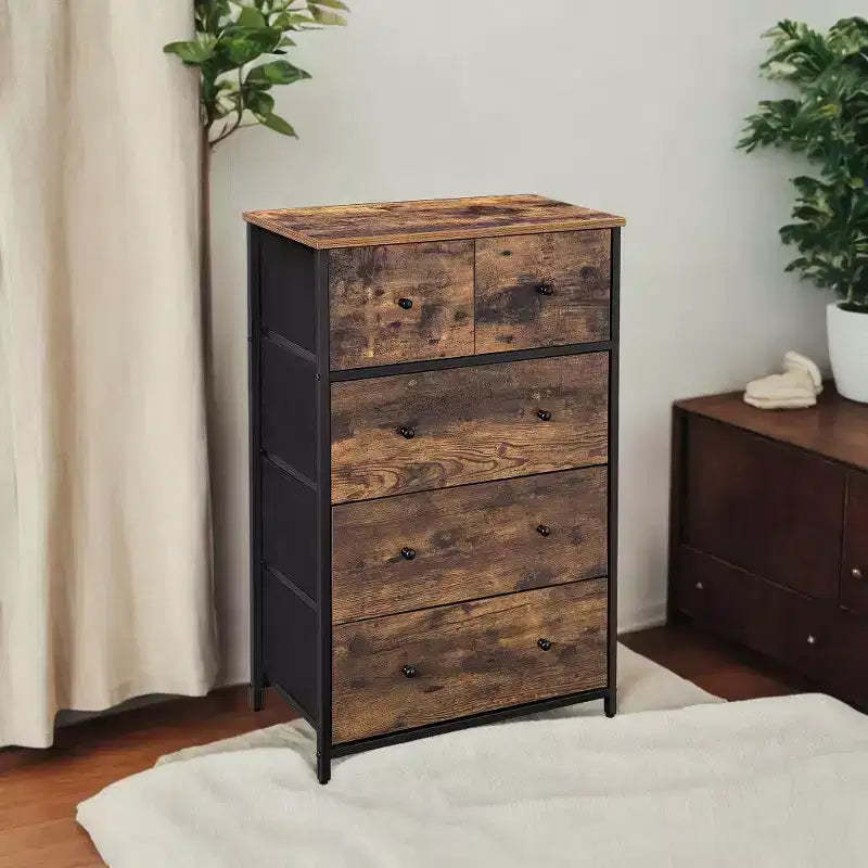 SONGMICS 5 Fabric Drawer Dresser Storage Dresser Tower, Wooden Front and Top Style Dresser Unit Wooden Front & Top Add a Stylish Touch