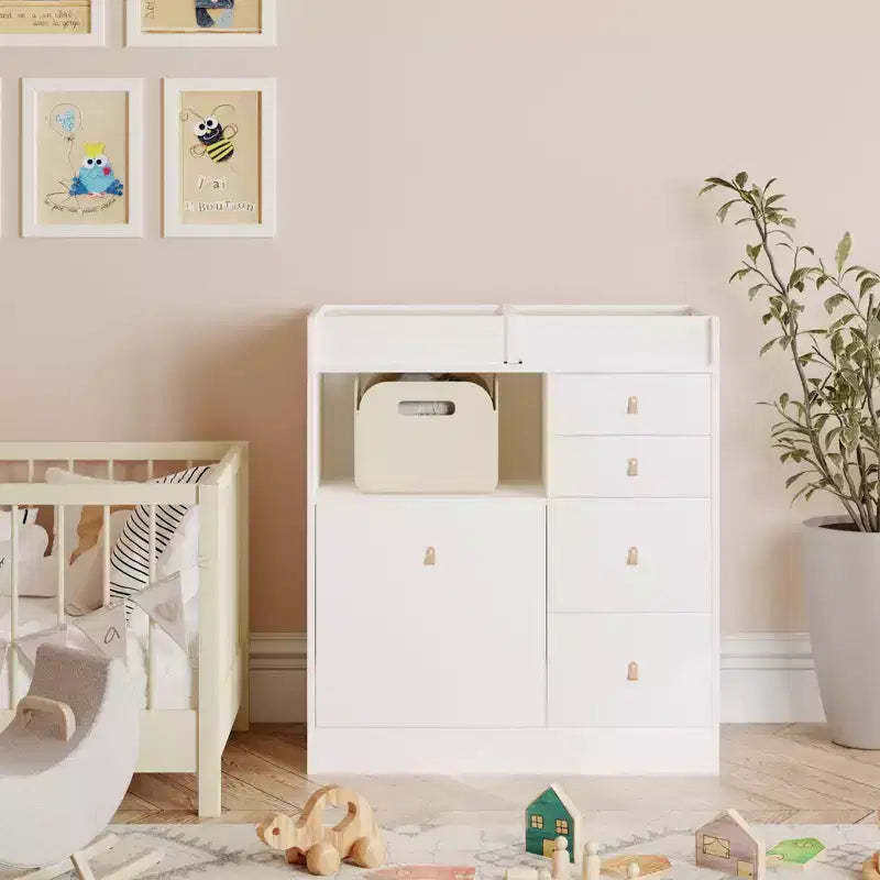 Famapy White Changing Table Leather Pull-Outs Large Worktop More Storage Space