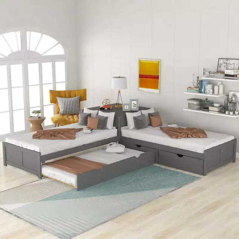 Twin Size L-Shaped Platform Bed with Trundle and Drawers Linked with Built-in Desk, Gray - ModernLuxe