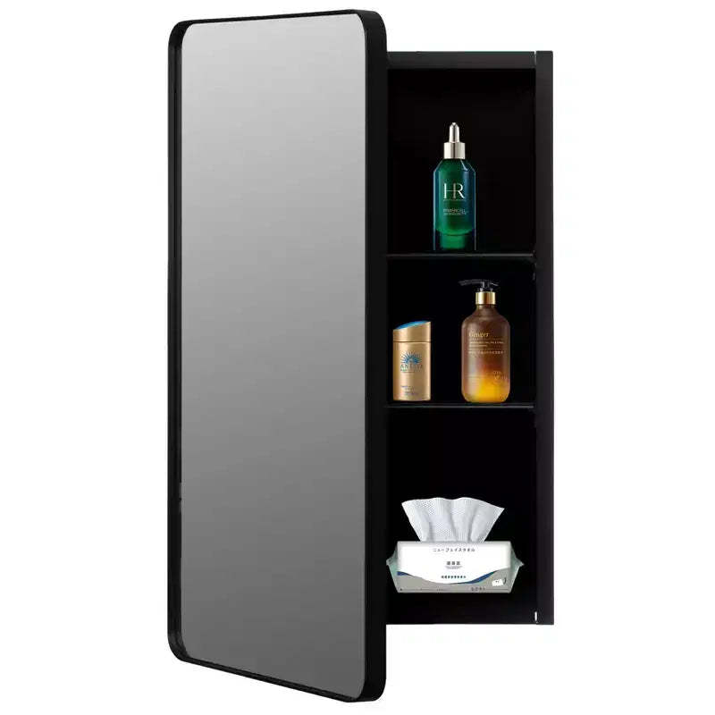 Basicwise Aluminum Bathroom Medicine Cabinet, Beveled Mirror, Round Frame, 2 Adjustable Shelves, Surface or Recessed Mount, Black Finish