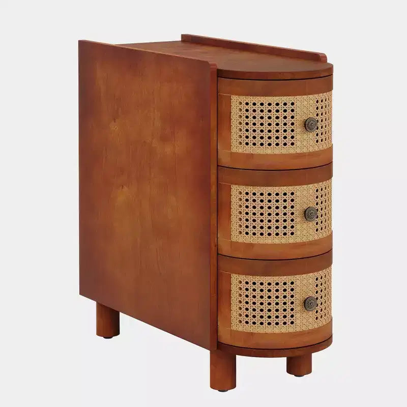 Lantine Solid Wood End Table with 3 Rattan Drawers and Exquisite Embossed Handles, No Assembly Required