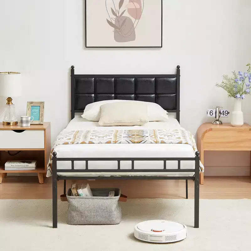 VECELO Twin/Full/Queen Metal Bed Frame Platform Bed with Faux Leather Headboard and 12 Under-Bed Storage, Matte Black