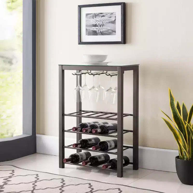 Kings Brand Furniture Freestanding Floor Wine Rack Storage Table, Hold 20 Bottles with Glasses Holder (Pewter)
