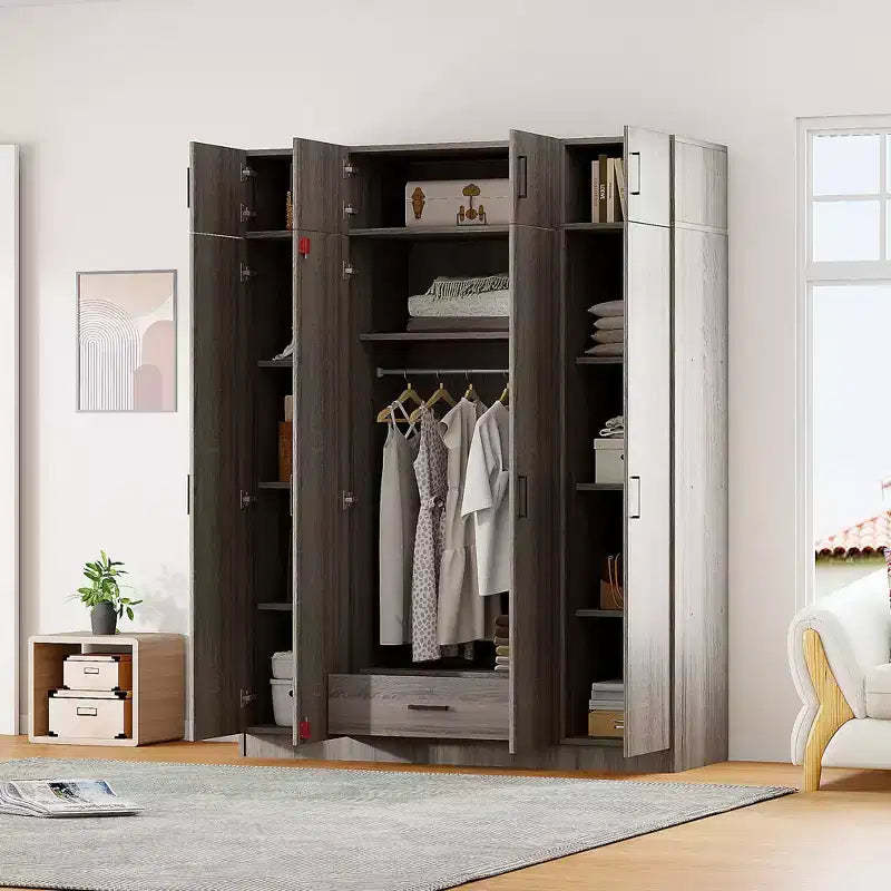 4-Door Wardrobe/Armoire with 1 Drawer and Top Cabinets - ModernLuxe