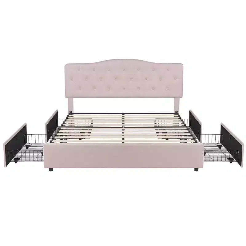 VECELO Queen/Full Size Bed Frame with Storage Drawers & Charging Ports, Upholstered Platform Bed Frame with Adjustable Headboard, Beige