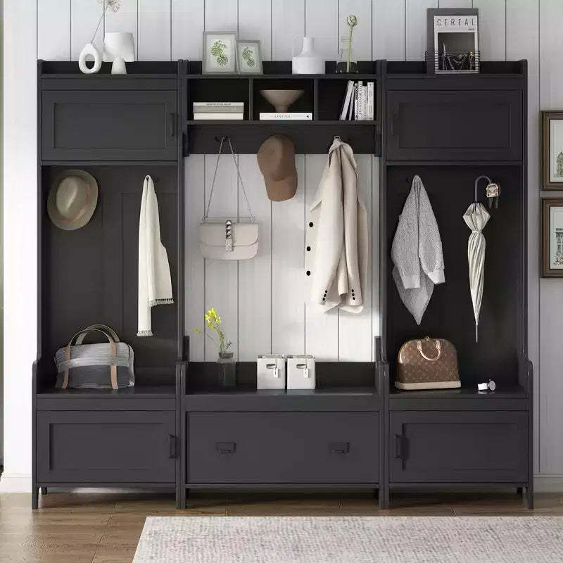 Whisen Modern Multiple Functions Hall Tree with 7-Metal Black Hooks and Ample Storage Drawer