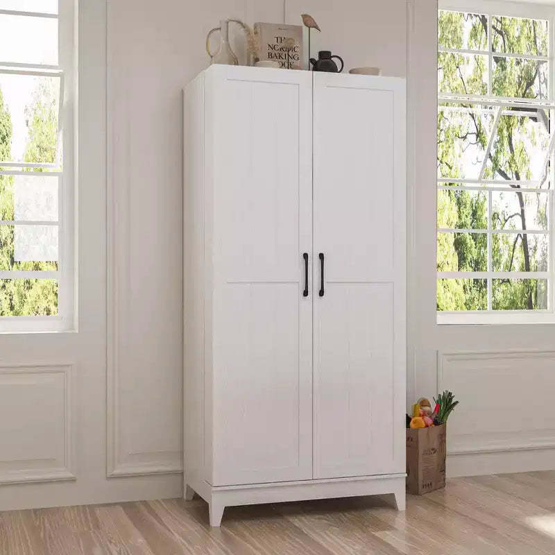 Famapy White Woodgrain Finish Kitchen Cabinets With Cup Holder Multi-Storage Space