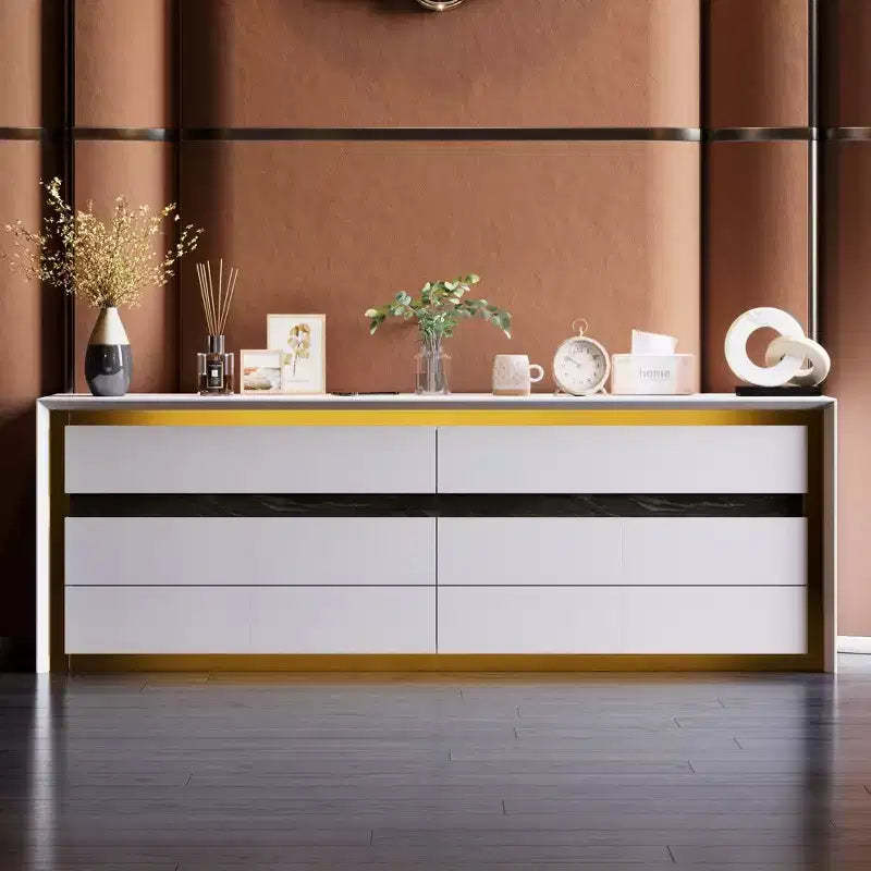 Famapy White Six Drawer Dressers Storage Cabinet Golden Inlaid Contemporary Style