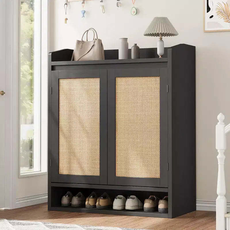 Rattan Shoe Cabinet with 2 Doors, 5-Tier Shoe Storage Cabinet with Adjustable Shelves, Wooden Shoe Storage Organizer for Entryway, Hallway, Black