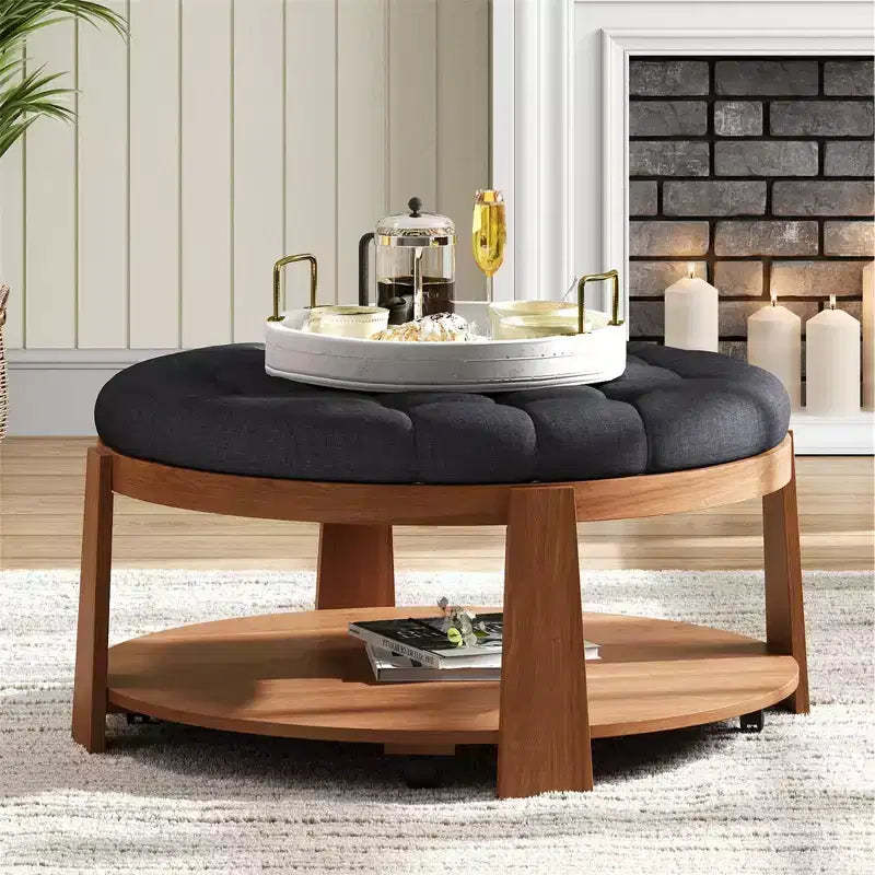 36W Upholstered Coffee Table Cocktail Table Center Table 2-Tier Ottoman Footrest with Storage Shelf and Wheels, Button Tufted and Waterproof-ModernLu