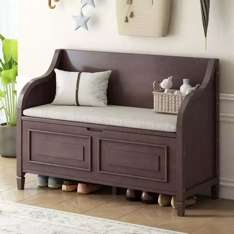 Rustic Solid Wood Entryway Storage Bench with Removable Cushion Shoe Bench for Living Room