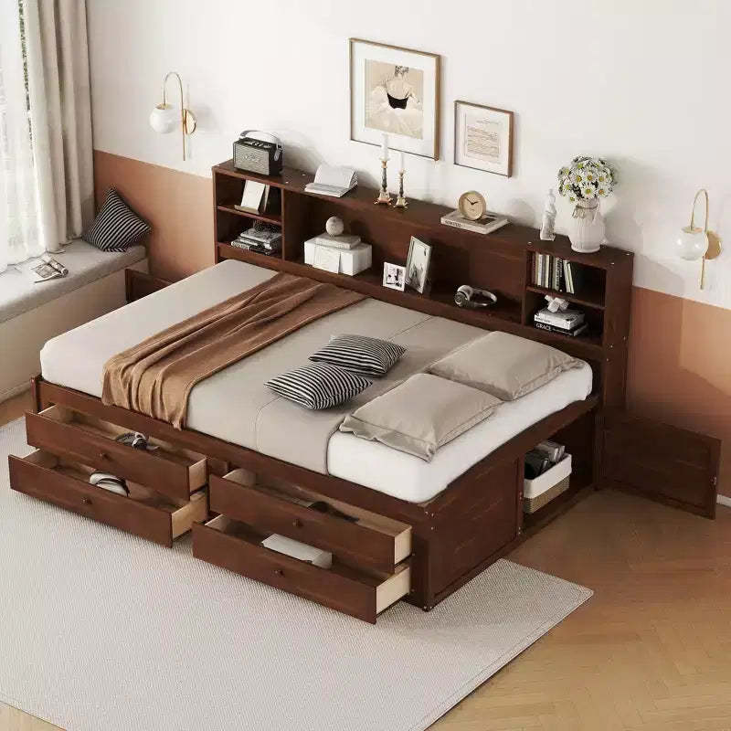 Full Size Wooden Captain Bed/Daybed with Built-in Storage Shelves, 4 Drawers and 2 Cabinets, Antique Brown - ModernLuxe