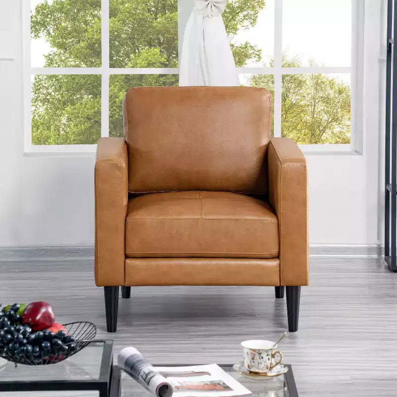 Genuine Leather Upholstered Single Sofa Chair for Living Room Mid Century Chair Modern Accent Arm Couches