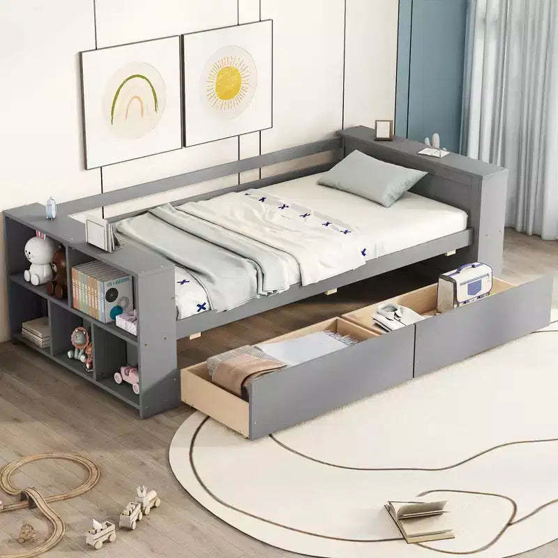 Twin Size Daybed with Shelves and 2 Drawers - ModernLuxe