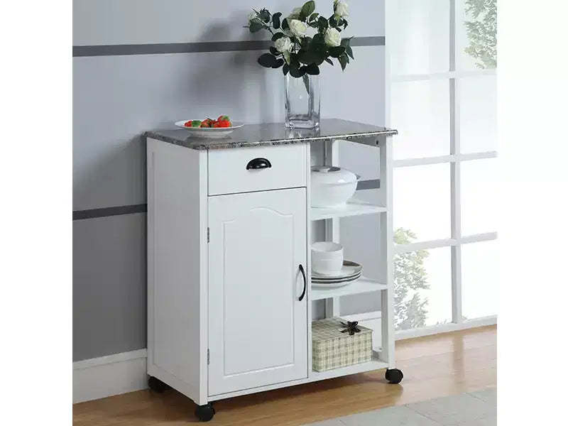 Kings Brand Furniture Francois Wood & Marble Vinyl Top Kitchen Storage Cabinet Cart, White