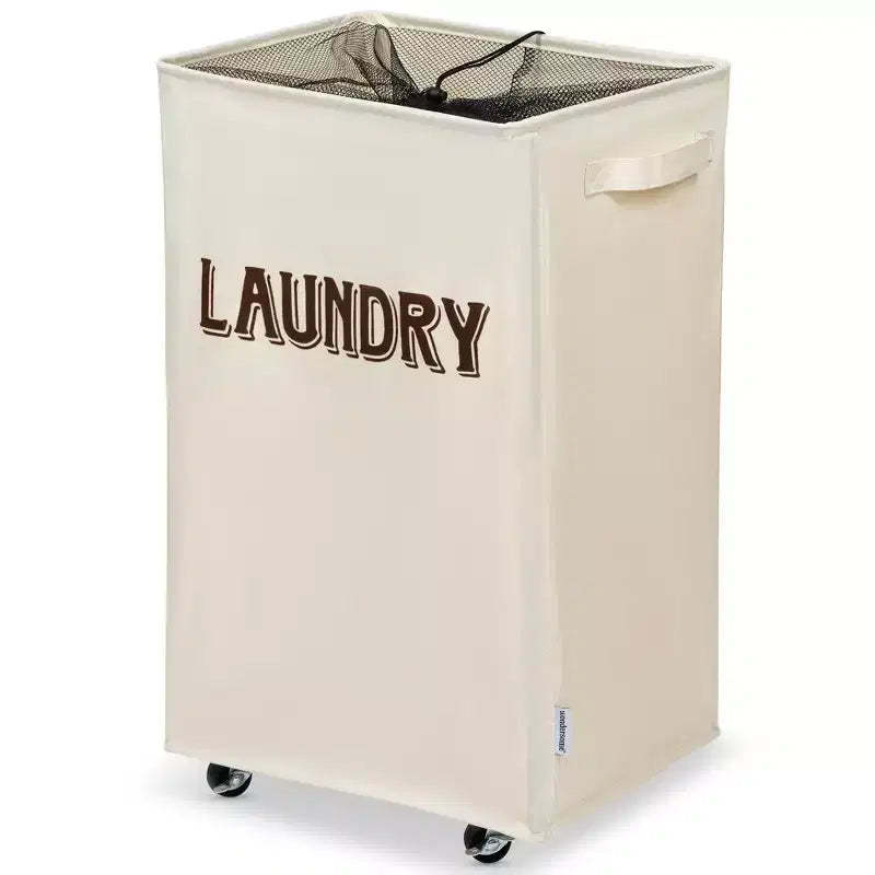 Wondersome Laundry Hamper with Wheels - Farmhouse Cream - 90-Liter Extra Large Collapsible Rolling Clothes Cart - Heavy Duty