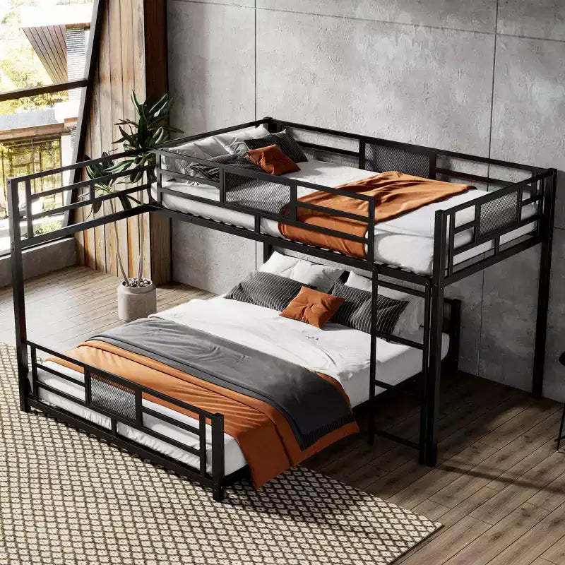 Twin over Full L-shaped Metal Bunk Bed with Ladder and Guardrail -ModernLuxe