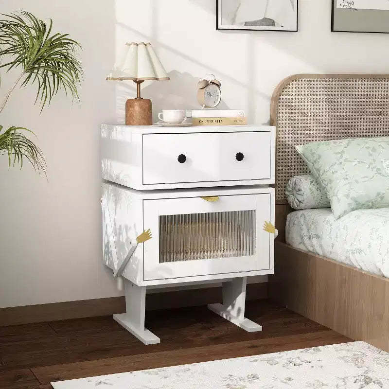 Famapy 360 Swivel Bedside Table with Drawer and Transparent Glass Cabinet Nightstand